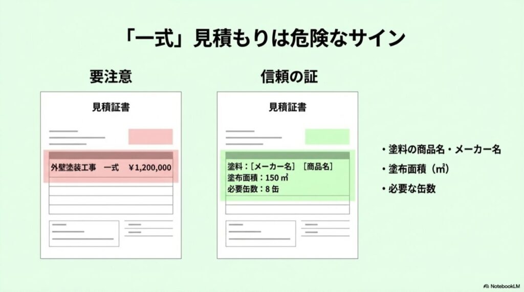 「工事一式」とだけ書かれた不透明な見積書と、塗料名・メーカー・缶数・面積が詳細に記載された優良な見積書の比較画像