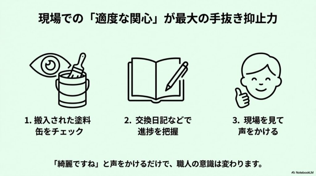塗料缶の確認、交換日記の活用、現場への声かけを行っている施主と職人のイラストアイコン