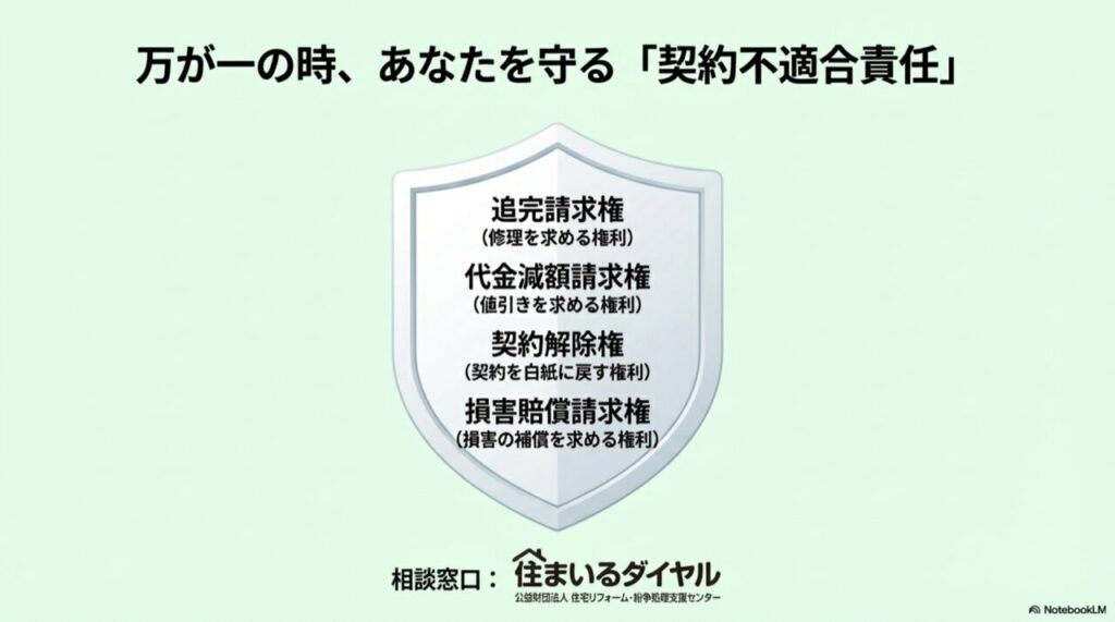 修理請求、代金減額、契約解除、損害賠償の4つの権利と、相談窓口（住まいるダイヤル）を図解したチャート