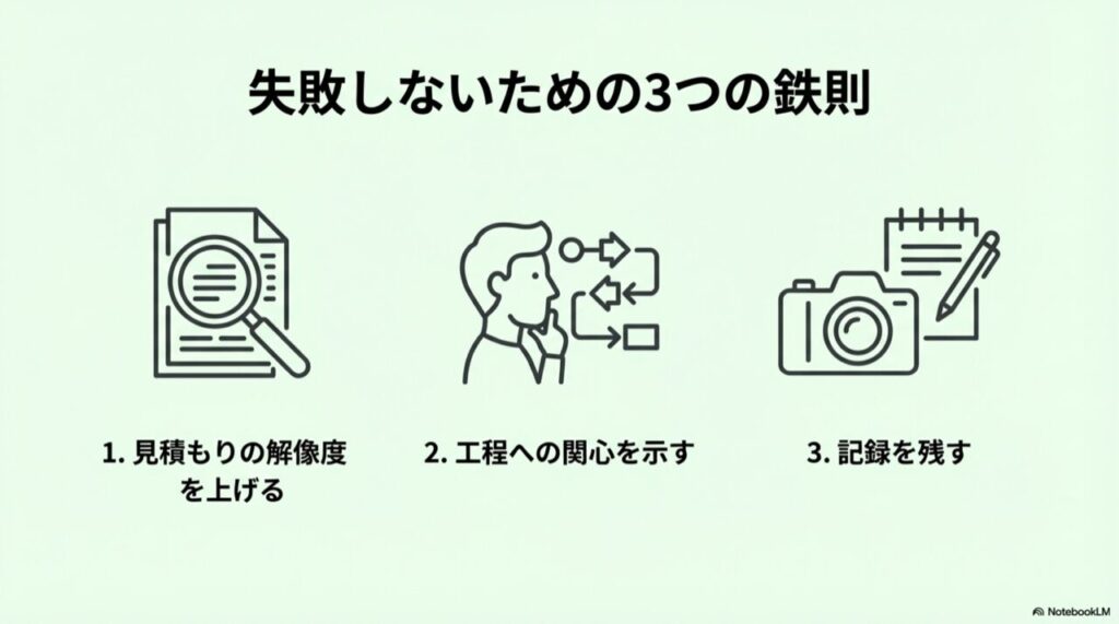 1.見積もりの解像度を上げる、2.工程への関心を示す、3.記録を残す、という3つの鉄則を示したまとめ画像