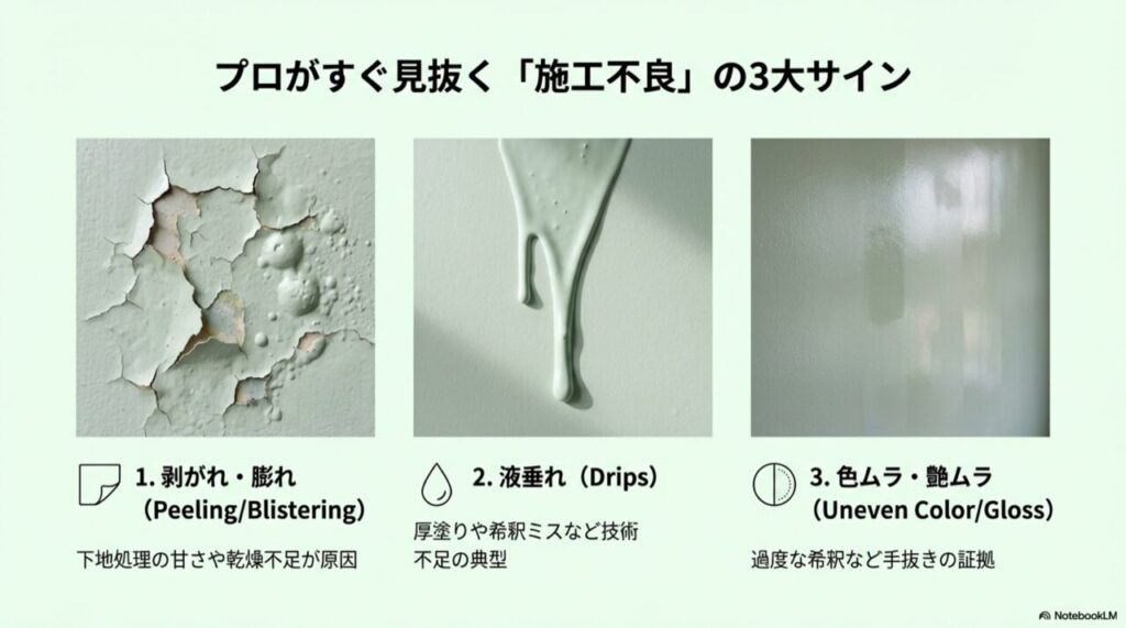 外壁塗装の失敗例。塗膜の剥がれ・膨れ、塗料の液垂れ、色ムラが発生している実際の壁面写真