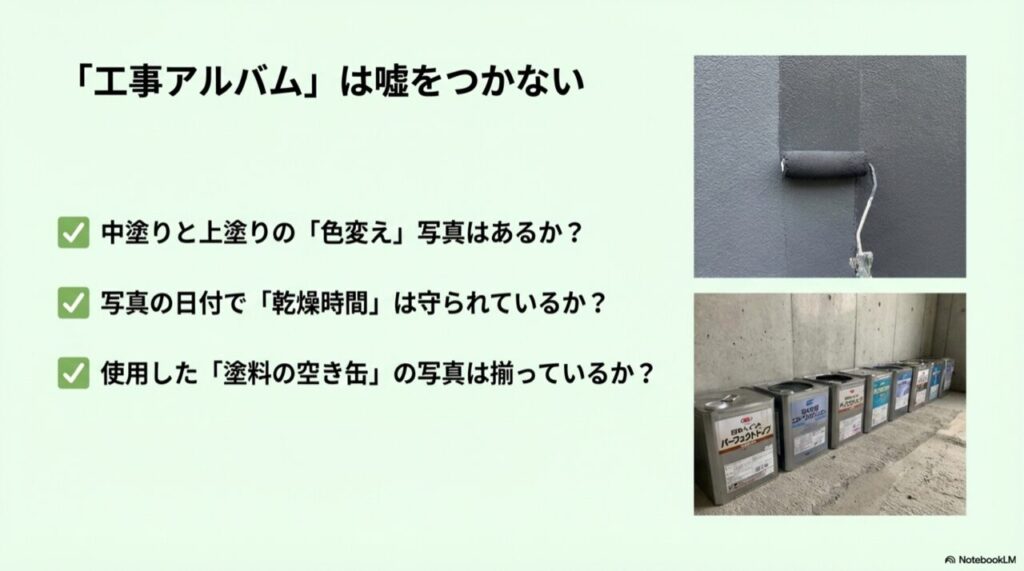 塗装中の中塗り（薄い色）と上塗り（濃い色）の境界線がはっきり見える写真と、使用済み塗料缶が並べられた写真