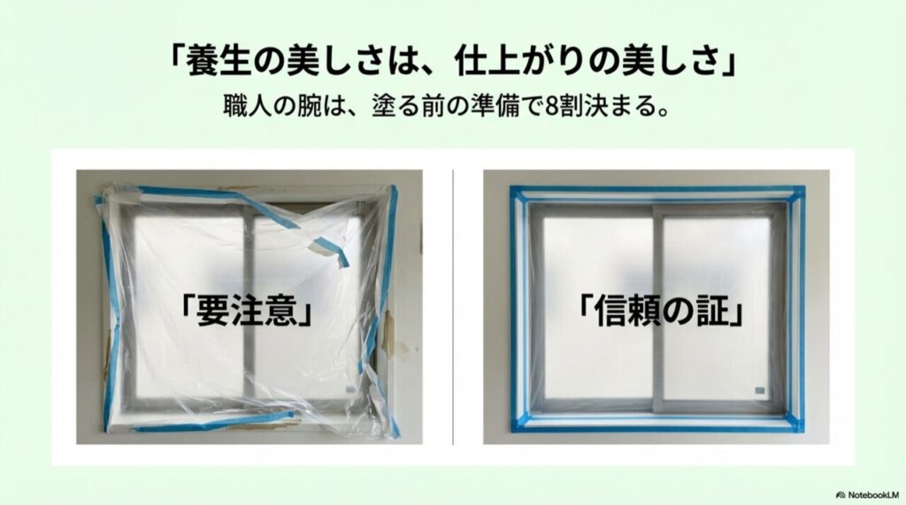 雑に貼られたテープやシート（要注意）と、ピンと張られた美しい養生（信頼の証）を比較したイラスト