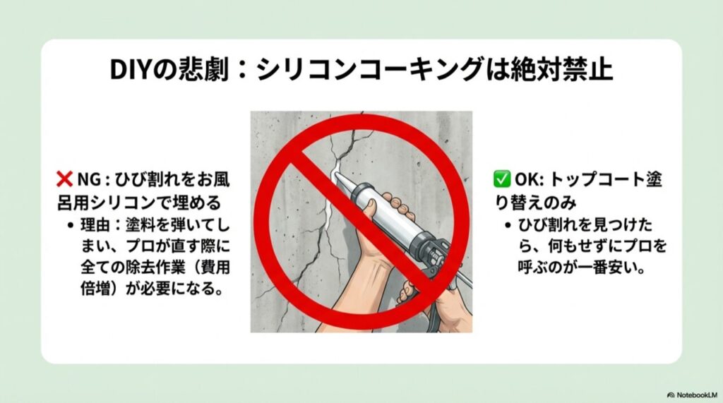 ひび割れにシリコンを注入するのはNGであり、プロによる補修費用が倍増することを示す警告図