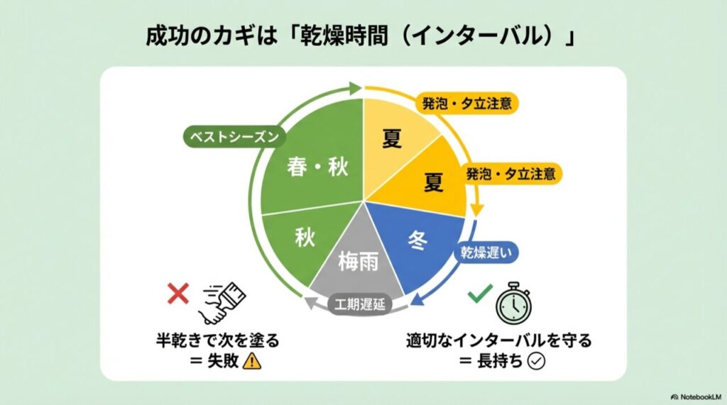 春・秋がベストシーズンである円グラフと、適切なインターバル（乾燥時間）が長持ちの秘訣であることを示す図