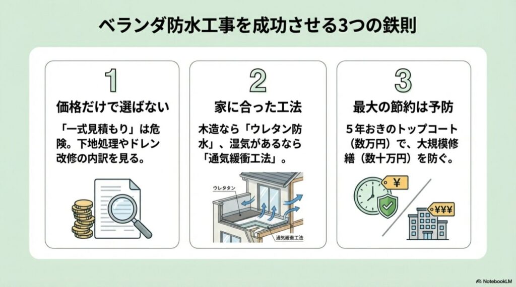 1.価格だけで選ばない、2.家に合った工法、3.予防が最大の節約という3点のまとめイラスト