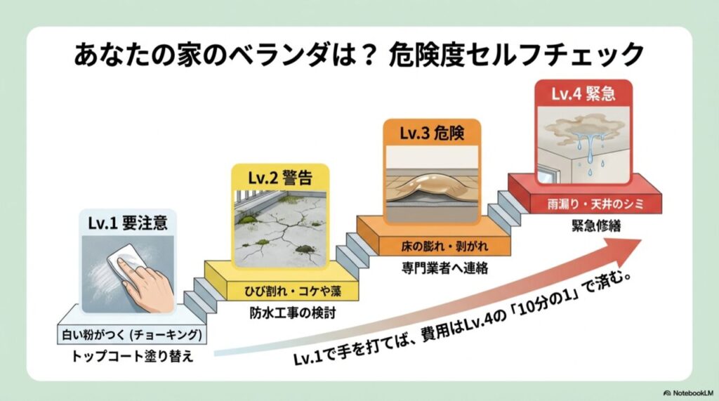 ベランダの劣化レベル診断チャート	劣化レベル1（白い粉）からレベル4（雨漏り）までの階段状の図解。早期対応で費用が抑えられることを示す