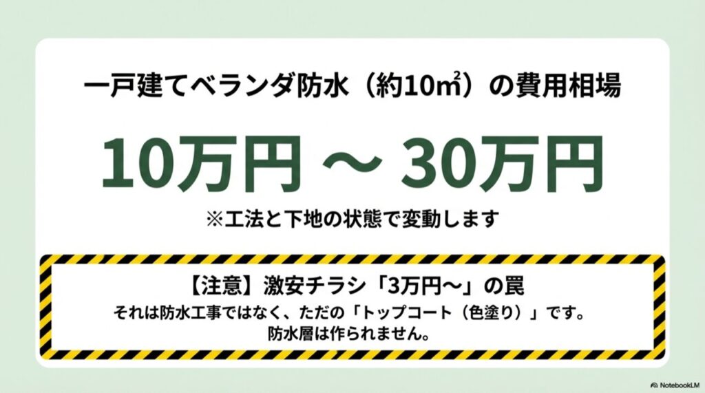 激安チラシの「3万円〜」は防水工事ではなくトップコート（色塗り）のみであるという警告図
