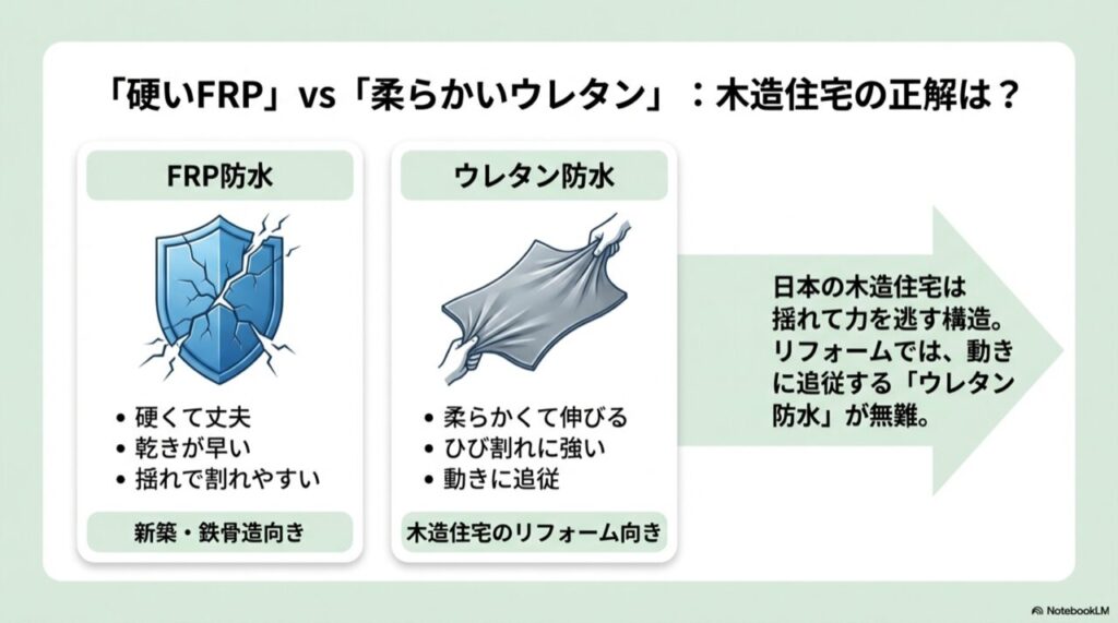 硬いFRP防水は割れやすく、柔らかいウレタン防水は木造住宅の揺れに追従するという比較イラスト