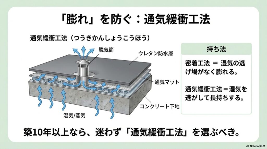 ベランダ下地の湿気を脱気筒から逃がし、防水層の膨れを防ぐ通気緩衝工法の断面図
