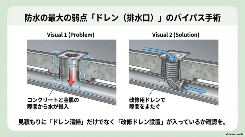 コンクリートと金属の隙間から漏水する様子と、改修用ドレンで隙間をまたいで排水する解決策の図
