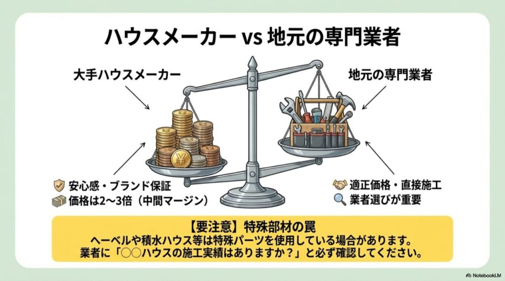 ハウスメーカー（ブランド保証・高価格）と地元の専門業者（適正価格・直接施工）の天秤イラスト
