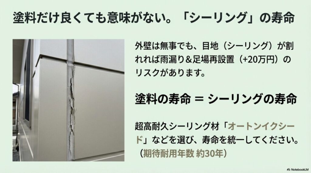 外壁の目地（シーリング）がひび割れている写真。「塗料の寿命＝シーリングの寿命」に合わせる重要性の解説