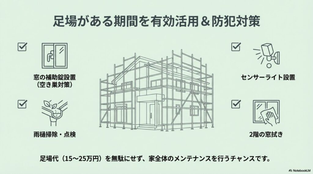 足場が組まれた家のイラスト。センサーライト設置や雨樋掃除など、足場がある期間にやるべきことのチェックリスト
