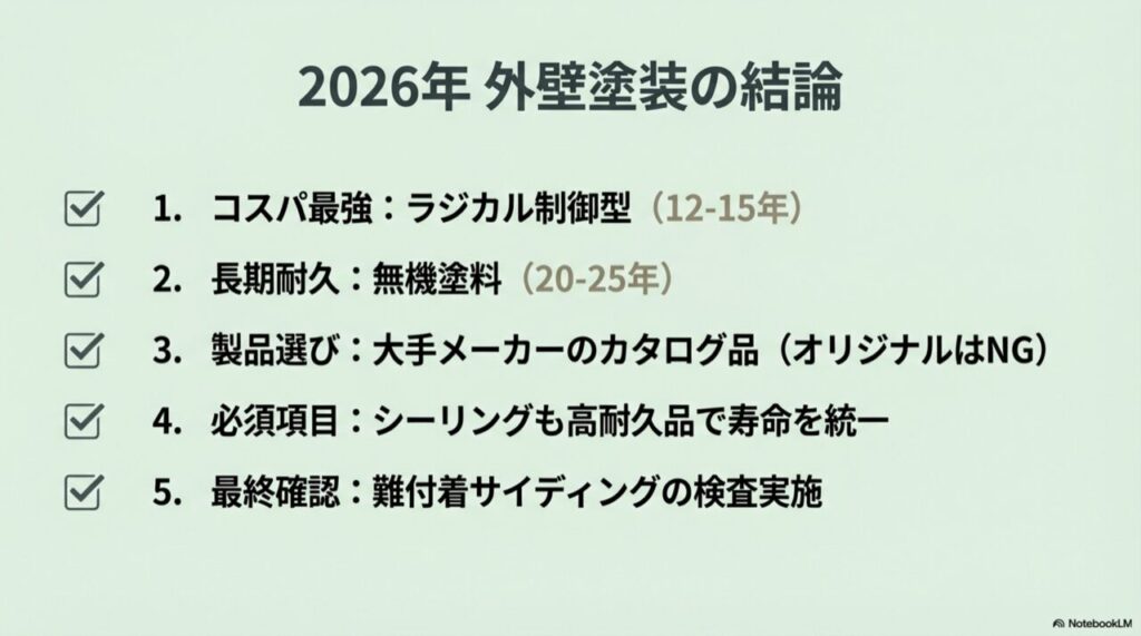 「コスパ最強：ラジカル制御」「長期耐久：無機塗料」など、記事の要点を5つにまとめたチェックリスト