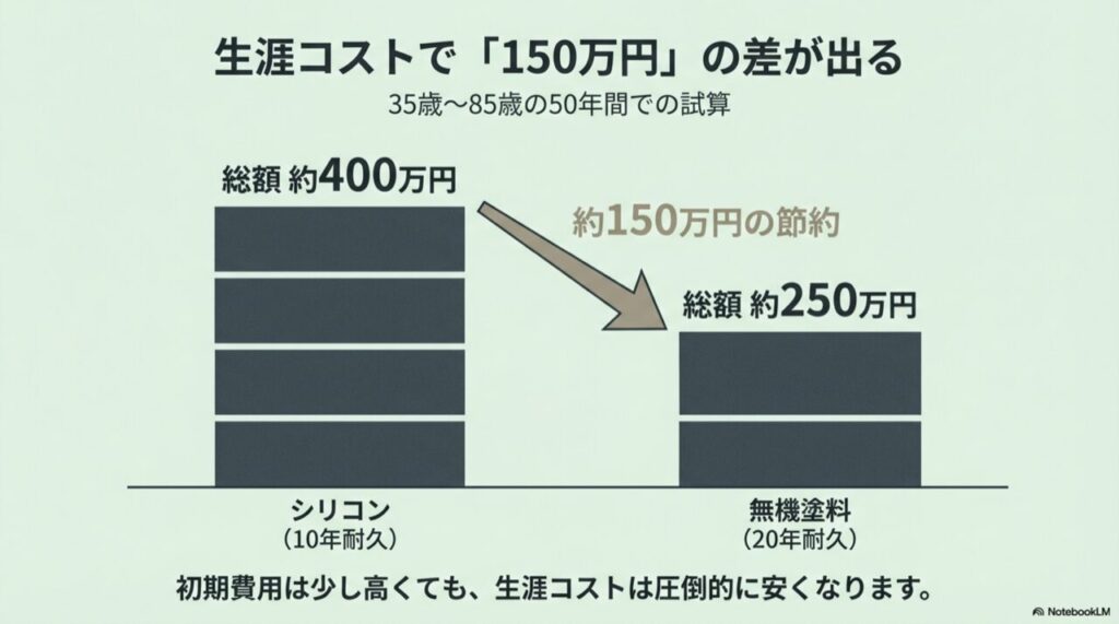 50年間の総額費用比較グラフ。シリコン塗料は約400万円かかるのに対し、無機塗料は約250万円で済み、約150万円の節約になることを示している