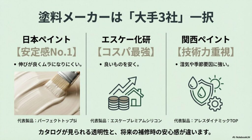 日本ペイント（安定感No.1）、エスケー化研（コスパ最強）、関西ペイント（技術力重視）の3社の特徴と代表製品をまとめた比較表
