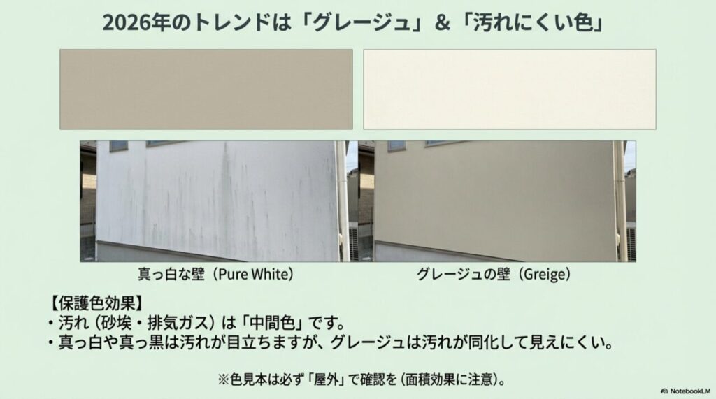 真っ白な壁とグレージュの壁の汚れの目立ち方の比較写真。「汚れは中間色なのでグレージュは同化して見えにくい」という解説