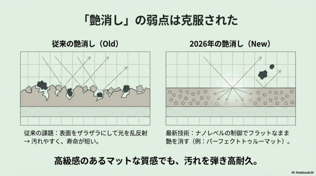 従来の艶消し（凸凹で光を乱反射）と最新の艶消し（フラットでナノ制御）の断面比較図解