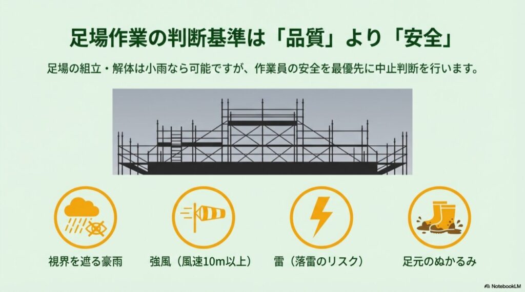 豪雨、強風（10m以上）、雷、ぬかるみなど安全リスクを示すアイコン