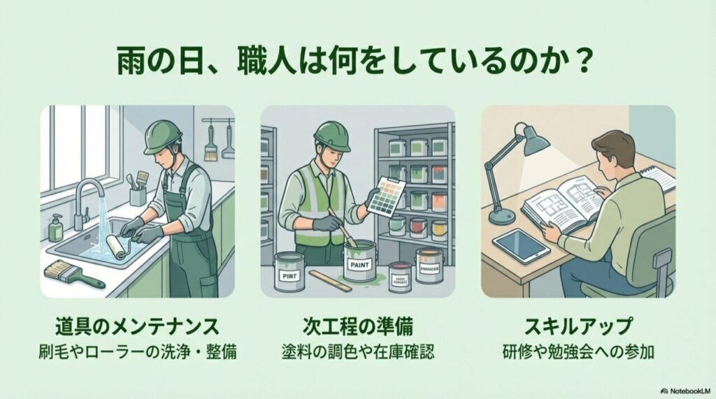 道具の洗浄、塗料の調色、事務作業や勉強に励む職人のイラスト