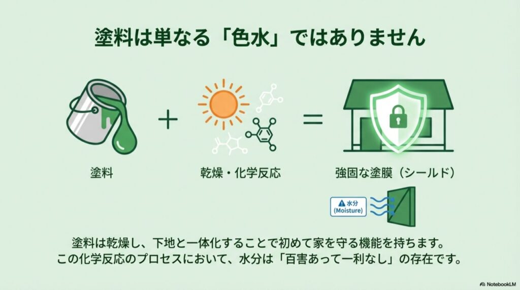 塗料が乾燥・化学反応を経てシールドになり、水分がそれを阻む図解