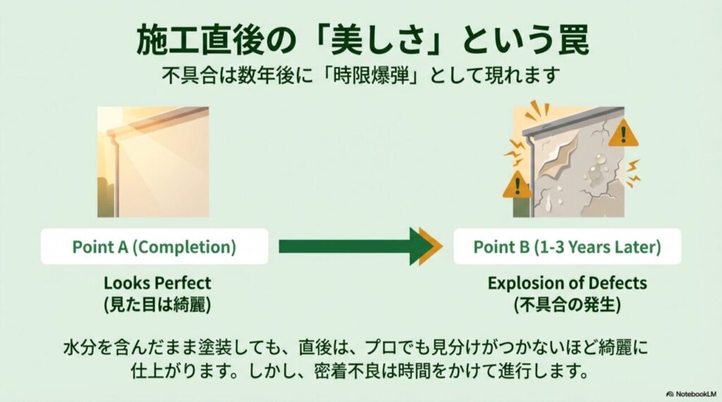 完了直後の綺麗な状態と、1〜3年後に不具合が爆発する比較図