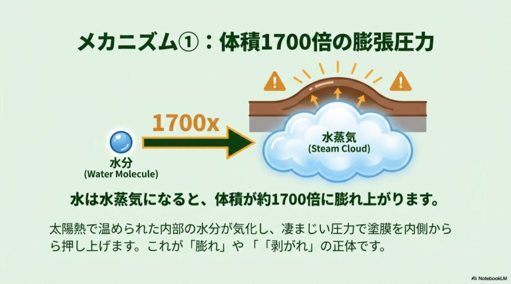 水分が水蒸気になり体積が1700倍に膨らみ、塗膜を押し上げる図解