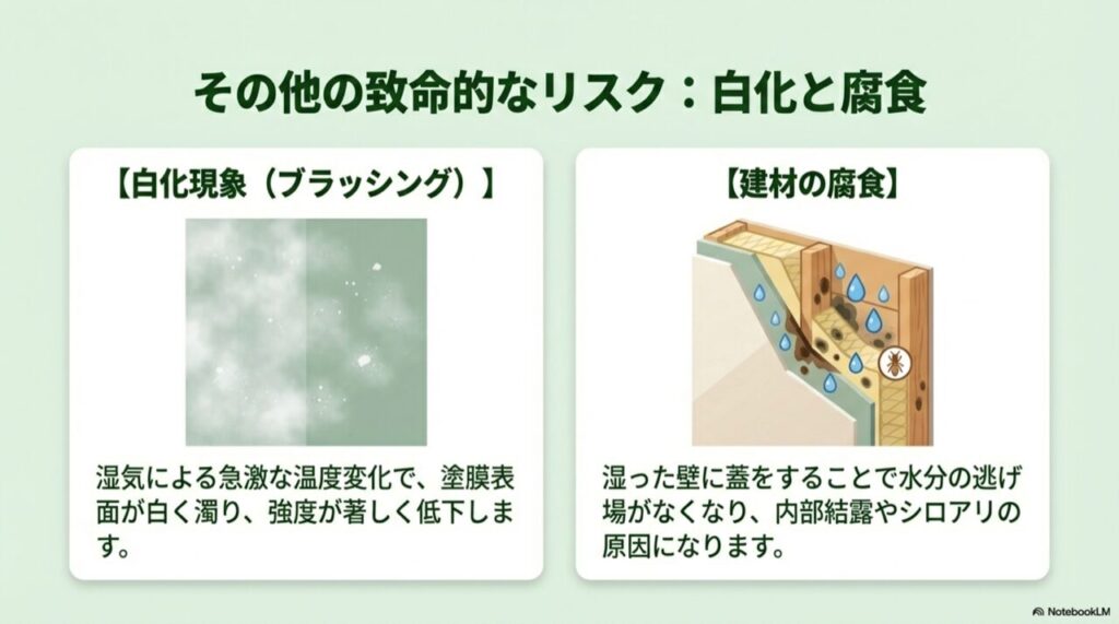 白く濁った壁（白化）と、内部結露・シロアリを招く建材腐食のイラスト
