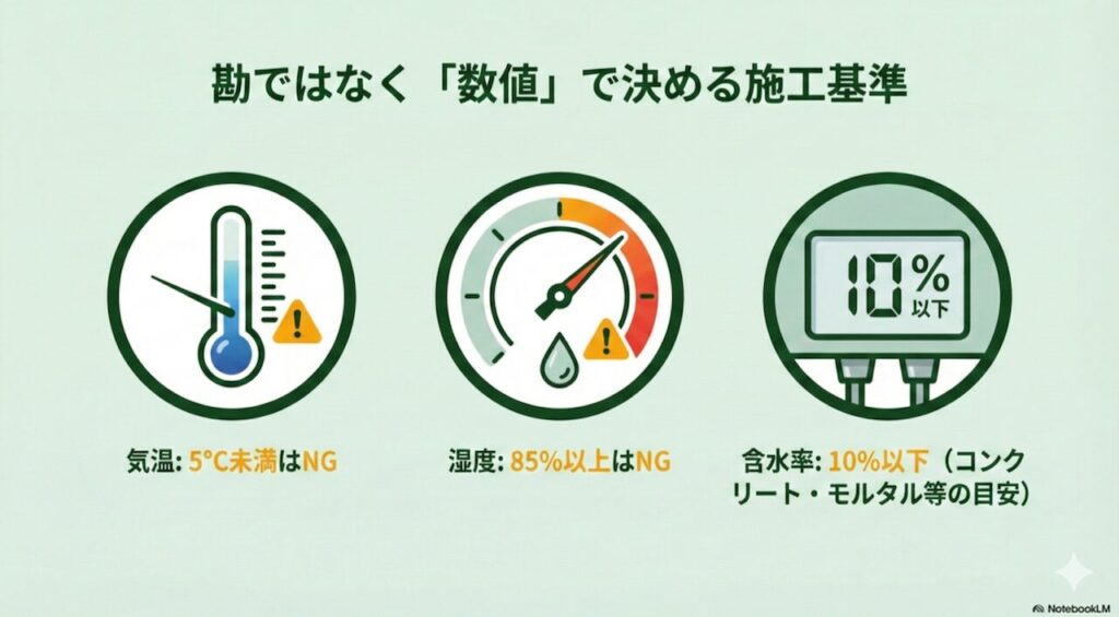 メーカーの施工仕様書に基づき、専用の計測機器を用いて客観的に判断します。