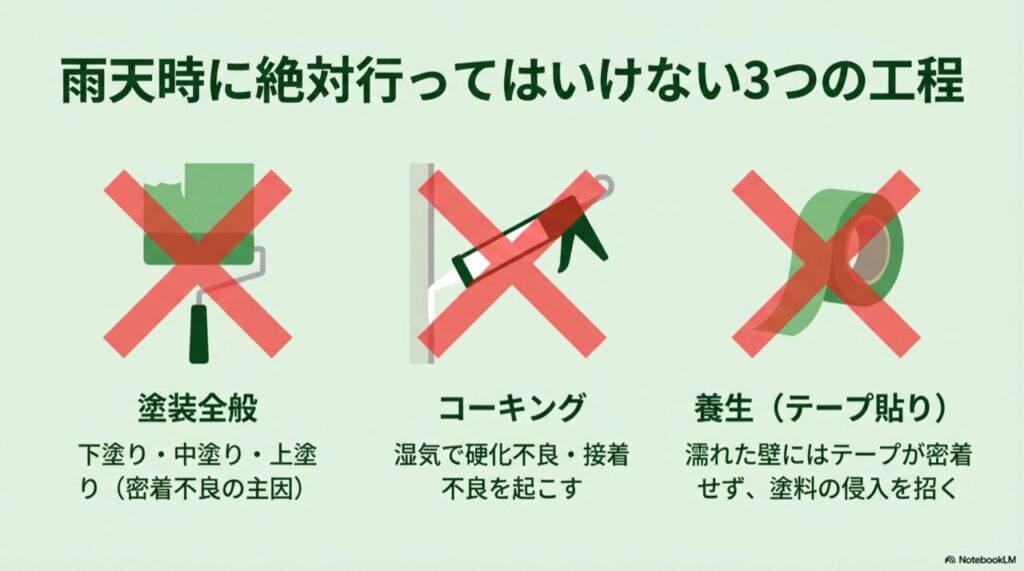 塗装・コーキング・養生に「×」印がついた、中止判断の対象工程図