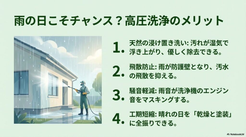 雨の中、作業員が外壁を洗浄しているイラストとメリット（飛散防止等）の解説