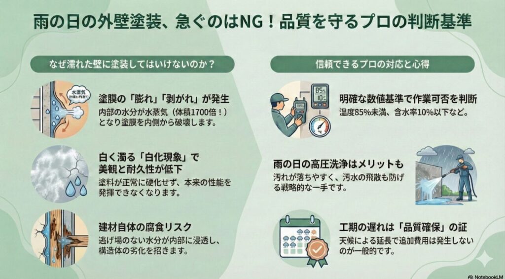 雨の日の外壁塗装、急ぐのはNG！品質を守るプロの判断基準