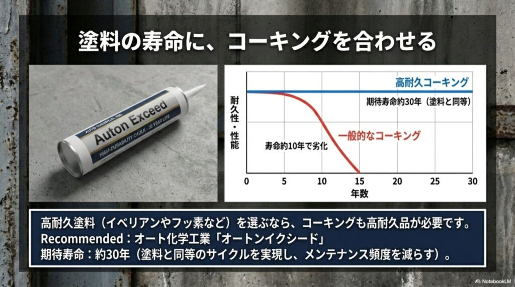 一般的なコーキング（10年）と高耐久コーキング（30年）の耐用年数を比較したグラフ
