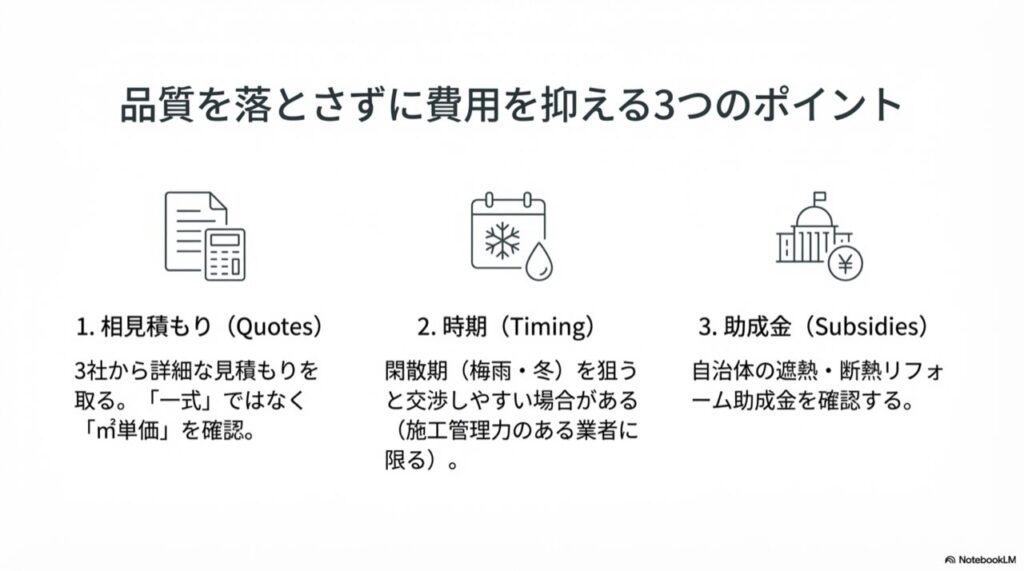 相見積もり、施工時期の調整、助成金活用を表すアイコンイラスト