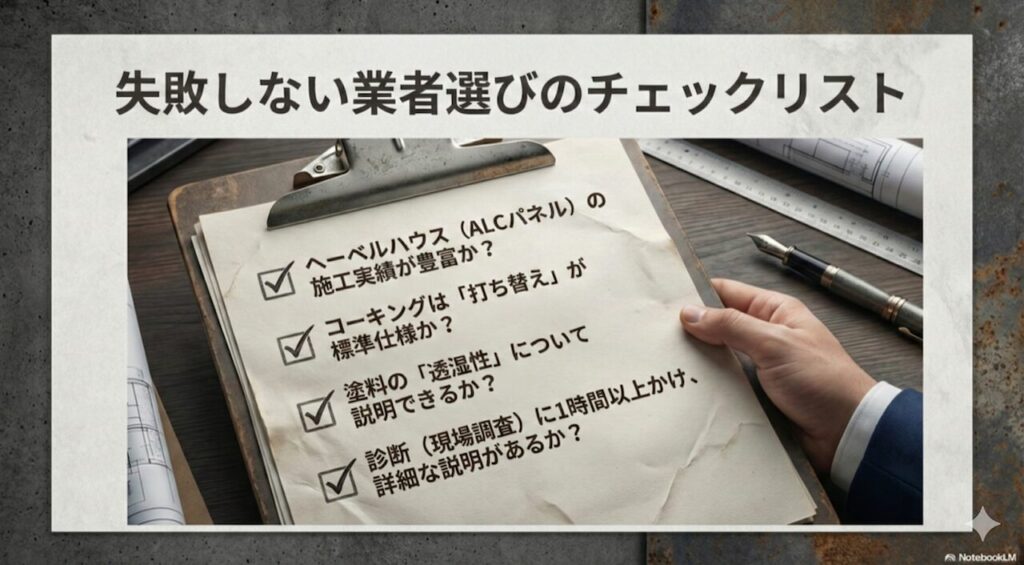 実績、コーキング工法、塗料知識、診断時間をチェックする項目のリスト画像