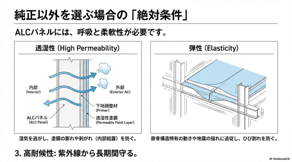 壁内部の湿気を逃がす透湿性と、建物の揺れに追従する弾性の機能を説明する断面図