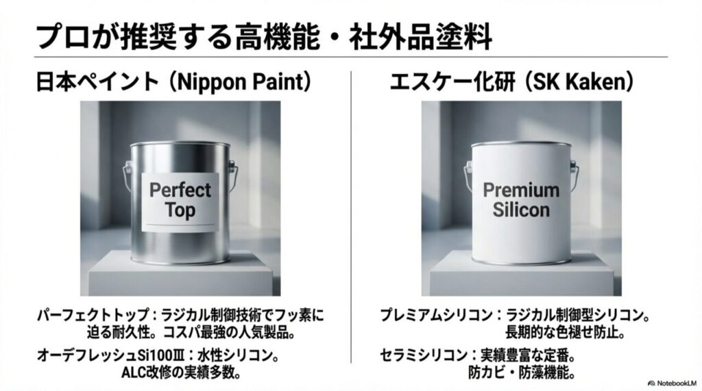 日本ペイント「パーフェクトトップ」とエスケー化研「プレミアムシリコン」の製品イメージ画像