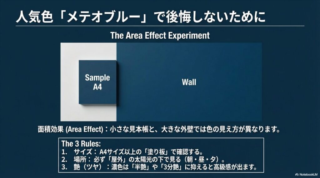 色見本と実際の壁面での色の見え方の違い（面積効果）を解説する図