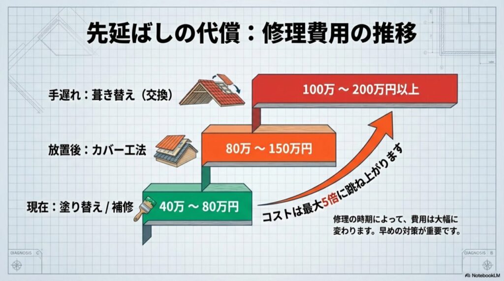 早期の塗り替えなら40〜80万円だが、放置して葺き替えになると200万円以上かかることを示す費用推移チャート