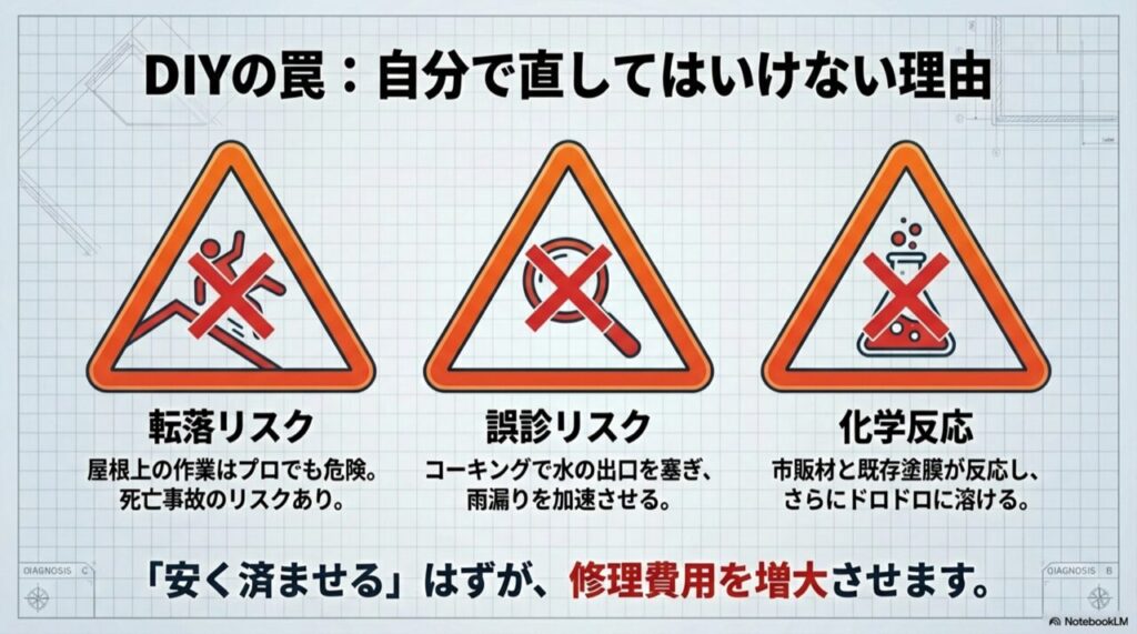 転落事故のリスク、コーキングによる雨漏り悪化、化学反応による塗膜溶解など、DIYで失敗する3つの理由
