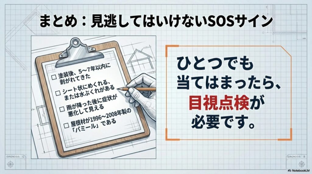 5〜7年以内の剥がれ、水ぶくれ、パミールなど、専門家の診断が必要な症状をまとめたチェックリスト