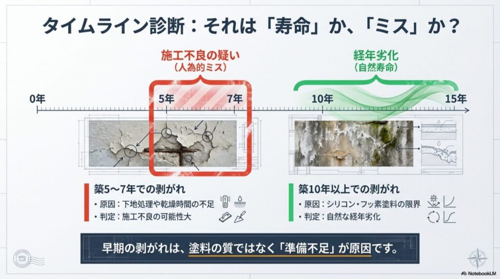 築5〜7年の剥がれは施工不良、10年以上は経年劣化の可能性が高いことを示す年数別診断チャート