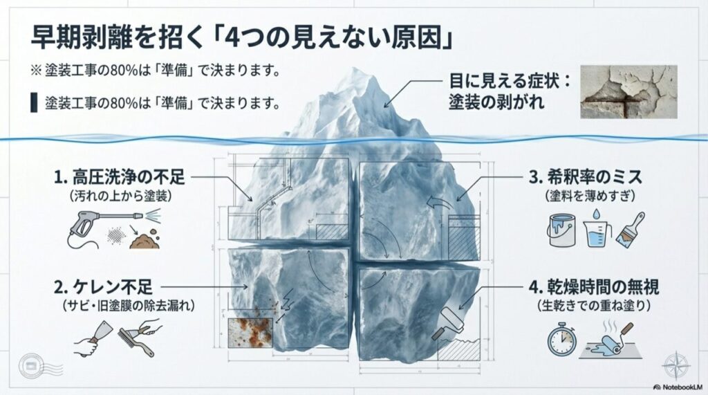 塗装工事の80%は準備で決まる。高圧洗浄不足、ケレン不足、希釈率ミス、乾燥時間無視が剥がれの主な原因であることを示す図解