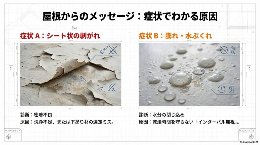 シート状のめくれは密着不良、水ぶくれは乾燥不足による水分の閉じ込めが原因であることを解説した写真付き診断図