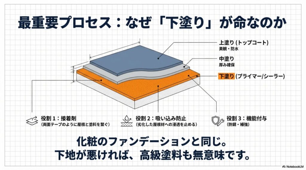 下塗り・中塗り・上塗りの層構造図解。下塗りが接着剤や吸い込み防止の役割を果たす最重要プロセスであることを説明