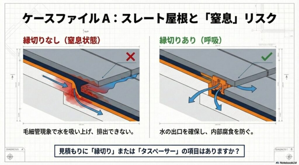 縁切りなしで毛細管現象により水を吸い上げる悪い例と、タスペーサー等で通気を確保した良い例の断面比較図