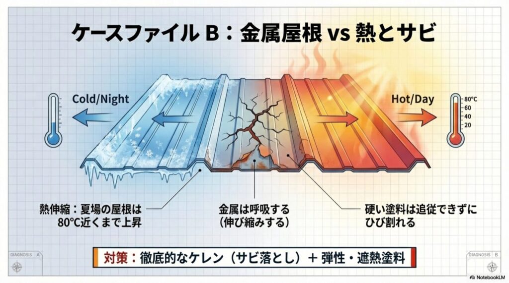 夏場の高温で金属屋根が伸縮し、硬い塗料が追従できずにひび割れを起こす様子を示したイラスト