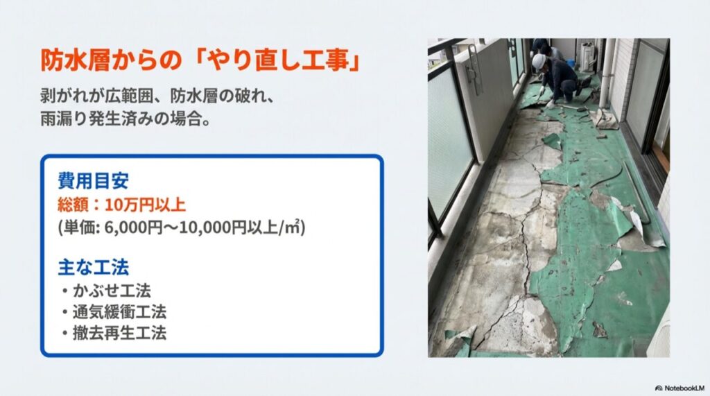 防水層がボロボロになり下地が見えている深刻なベランダの修繕前の写真