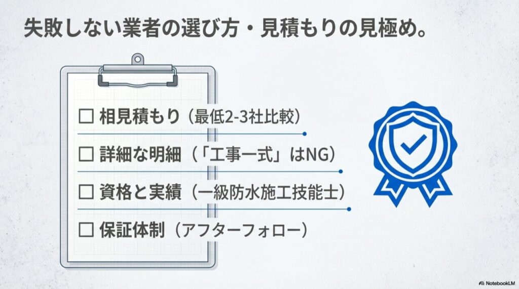 相見積もり、詳細明細、資格、保証体制のチェックポイントを示すアイコン